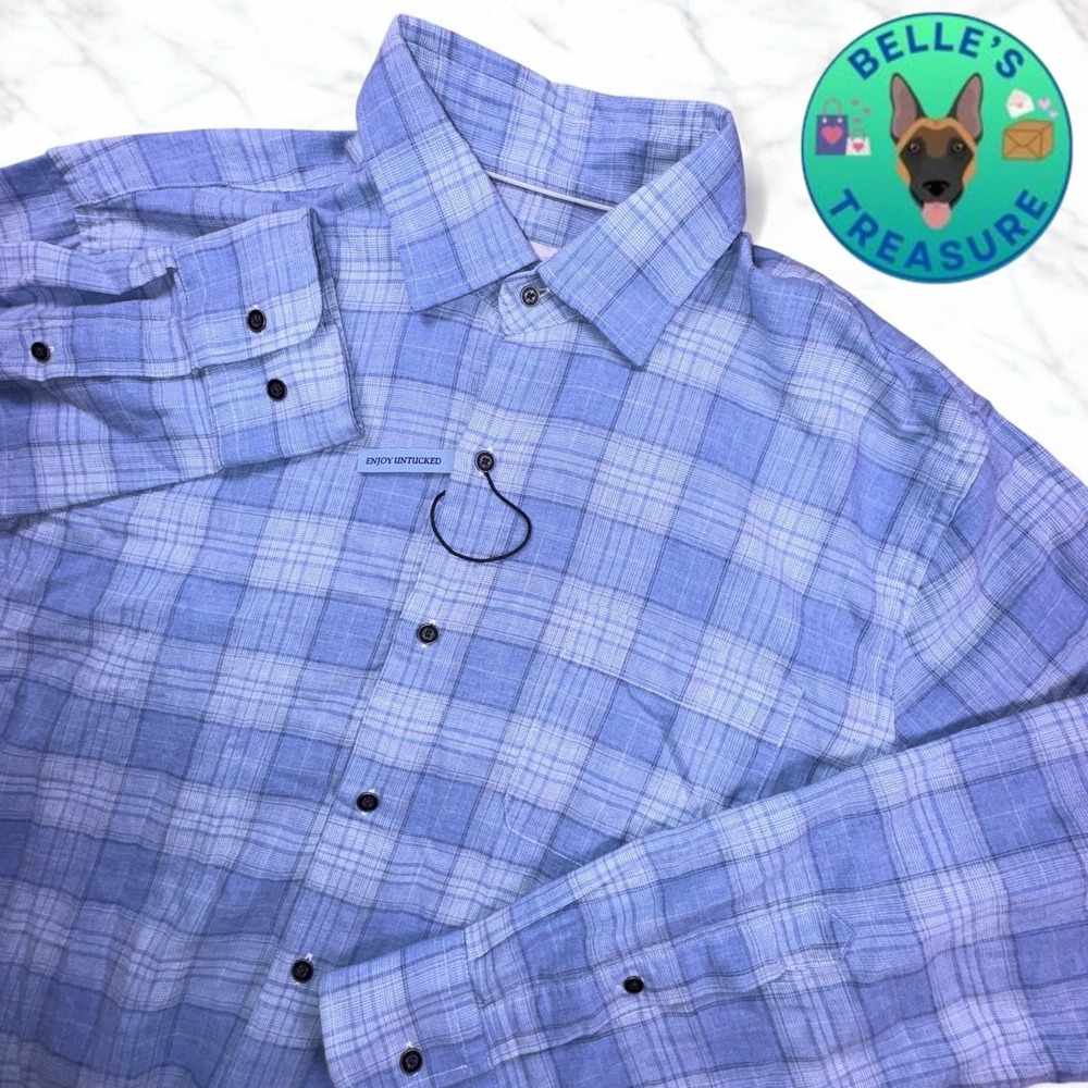 Peter Millar Shirt Mens Medium Untucked Blue‎ Plaid Cotton Long Sleeve Button-Up